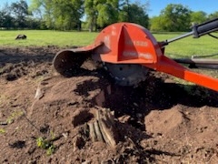 Stump grinder machine removing a tree stump in a grassy yard during professional tree service.